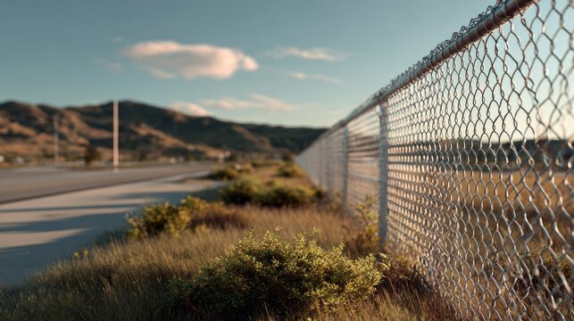 Chain Link Fence Alongside a Road: A chain-link fence runs along the side of a road, with dry grass and scrub brush in the foreground and rolling hills in the background under a clear sky.