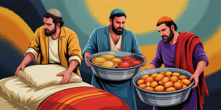 Biblical men preparing bread and oil offerings, colorful Jewish tradition illustration with three figures and loaves