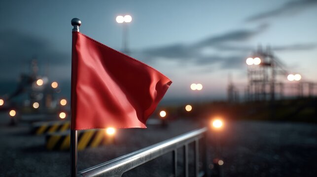 Red Flag Warning: A striking red flag waves in the wind, signaling a warning against a backdrop of industrial infrastructure under a twilight sky, evoking a sense of caution and urgency.