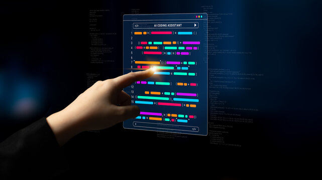 A modern user interface showcases vibrantly colored data analysis with a hand gesture touching the screen, representing interaction with advanced technology in a digital workspace. Cyphers