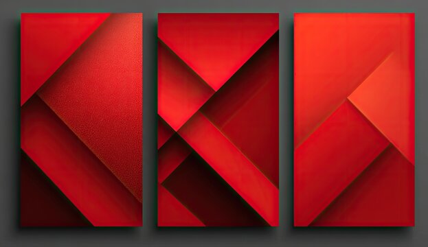 Tri-panel abstract art. Geometric red shapes and gradients create layered composition