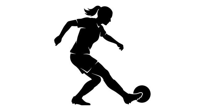 Silhouette of a female striker preparing a lateral pass, fluid and athletic movement, clean black and white design, isolated on a white and transparent background.