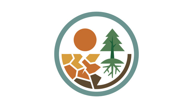 Circular nature logo depicting a pine tree, sun, and underground roots.
