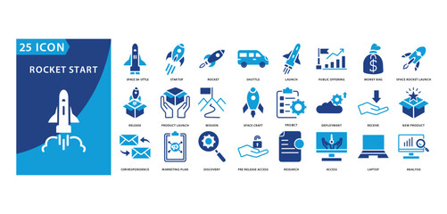 rocket start icon set of space shuttle, startup, rocket, shuttle, launch, public offering, money bag ,space rocket launch, release, product launch, mission, space craft, project, deployment, receive,  © tulabi