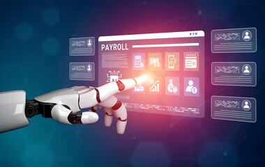 Obraz premium A robotic hand engages with a digital payroll interface, highlighting innovation in finance automation. The scene represents the future of technology and business efficiency. Cyphers