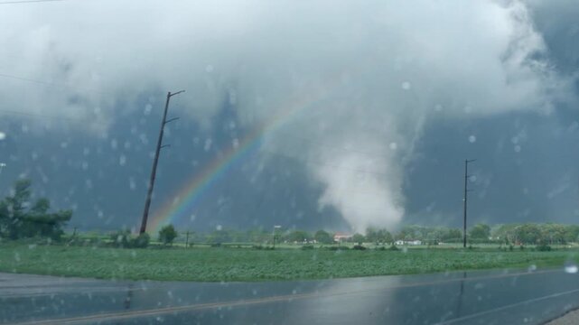 A tornado and a rainbow occur simultaneously with a severe storm in this storm chaser dashcam video.
