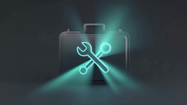 Glowing toolbox with wrench and spanner on dark background with spotlight effect