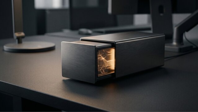Minimalist titanium data storage module on dark desk