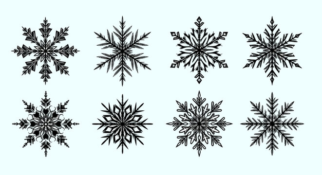 Collection of intricate monochrome snowflake patterns showcasing delicate symmetry and winter designs.