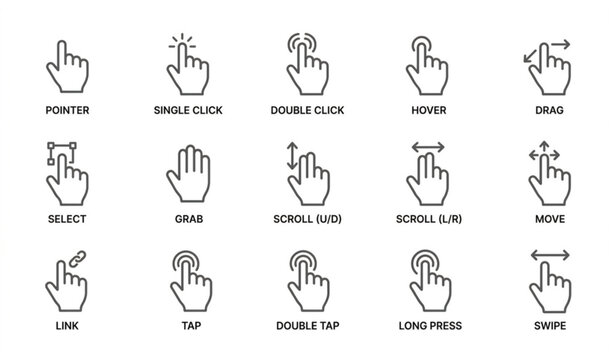 Hand cursor icon set with finger mouse gestures and outline interface symbols