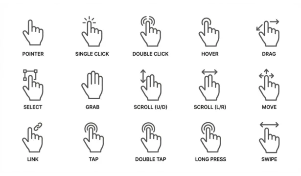 Hand cursor icon set with finger mouse gestures and outline interface symbols