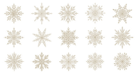Fototapeta premium Collection of delicate snowflakes arranged in a grid against a white background.
