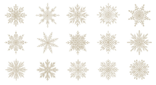 Collection of delicate snowflakes arranged in a grid against a white background.