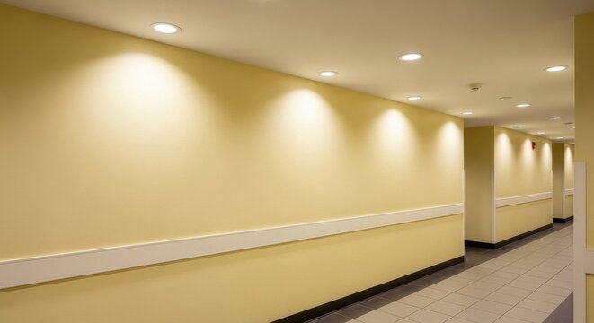 Modern recessed ceiling lights cast warm yellow illumination along a smooth, clean interior wall