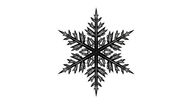 Intricate black snowflake design on white background for winter motif and geometry study.