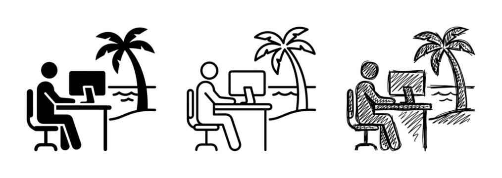 Remote Work Icons: Person Working on Computer at Beach, Tropical Vacation Office