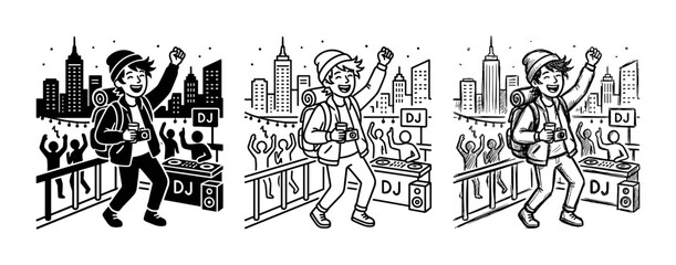Obraz premium Urban Traveler Celebrating, City Skyline DJ Party, Joyful Crowd Vector Art