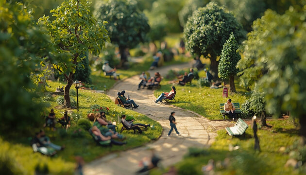 Miniature tilt-shift view of a vibrant park with people enjoying leisure activities.
