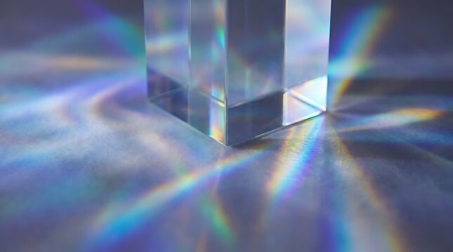 Clear glass cube prism refracting light into vibrant rainbow spectrum patterns on a cool toned surface