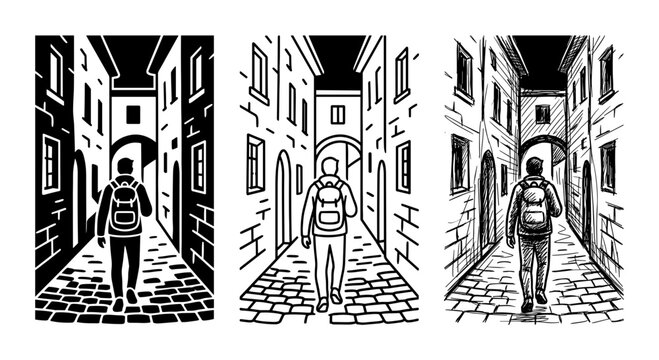 Backpacker Exploring Cobblestone Alleyways, Urban Exploration Vector Set, Black and White Cityscape