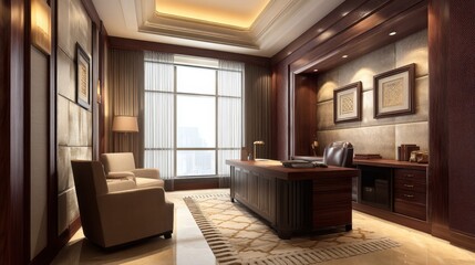 Fototapeta premium Elegant and Modern Office Interior Design with Stylish Furniture, Chic Lighting, and Large Window Offering City Views, Ideal for Professional Settings