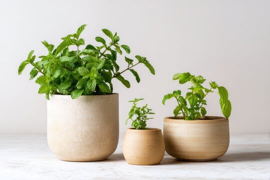 Three small potted herb plants in beige ceramic containers against a light background