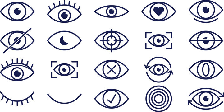 Human vision and digital identity line icons collection. eye interface icon mega set for web UI UX design. abstract biometric eye and premium quality flat vector. vector illustration.