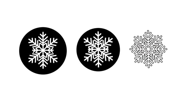 Winter Snowflake Icons: Circular Black Circles with White Snowflakes and a Grey Sketch.