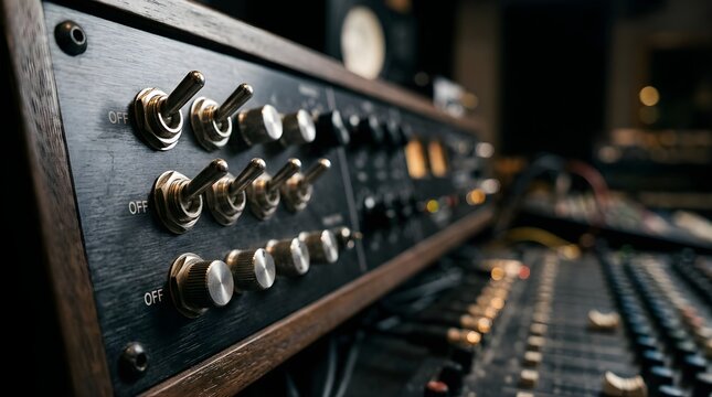Analog audio mixing console switches for music recording in a studio room