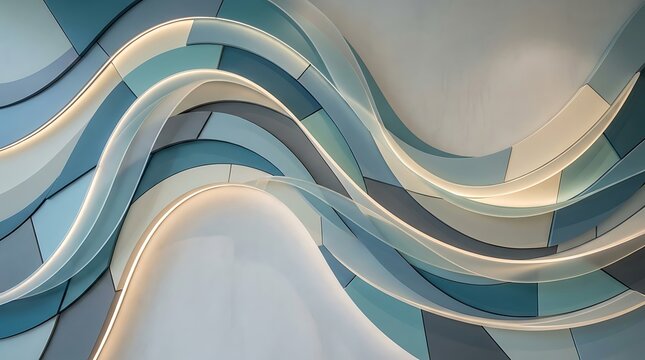 Abstract wavy wall art with integrated LED lighting featuring layered panels in shades of blue, green, and gray, creating a modern architectural design