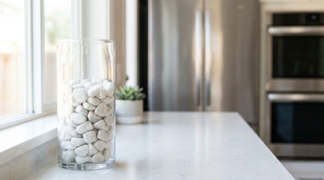 Smooth white marble chips fill a clear glass vase on a modern countertop with a plant and refrigerator in the background.