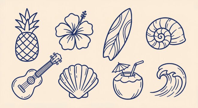 Vintage tropical summer icons set, hand drawn beach vacation vector illustrations, blue line art pineapple hibiscus surfboard and ukulele elements