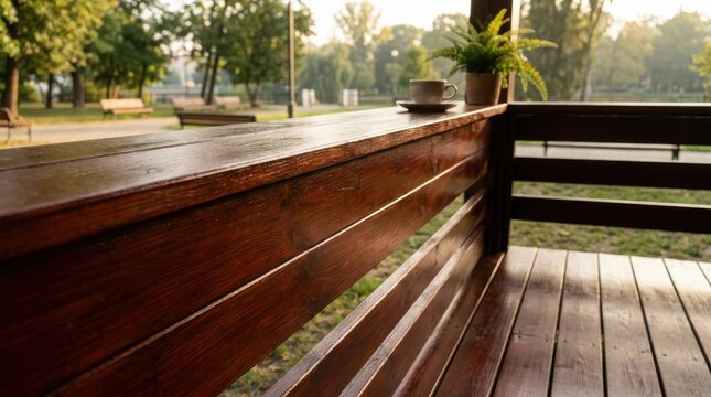 Warm Wooden Balcony Table with Coffee Cup at Sunrise, Overlooking a Serene Outdoor Landscape