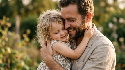 Fototapeta premium A father's loving embrace with his daughter, a tender moment of joy and connection in a garden setting