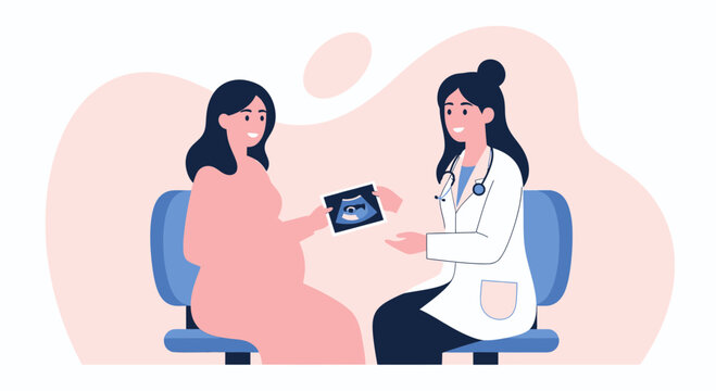 Pregnant woman at doctor's visit, looking at ultrasound scan