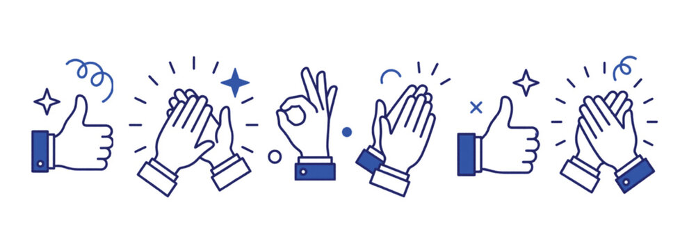 Minimalist hand gesture icons in blue line art, clapping hands and thumbs up vector set, positive feedback and applause symbols for business