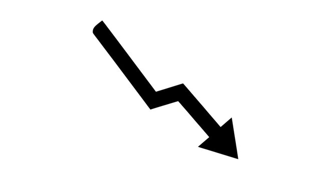 Black downward trending arrow symbol on a white background representing decline.