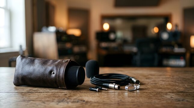 Leather microphone case with cables on a wooden table in a recording studio