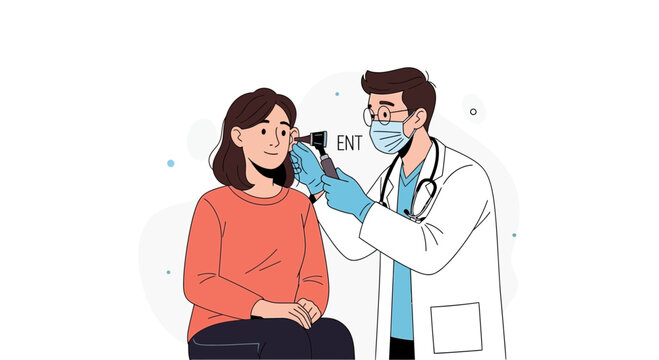 Doctor performing ear examination with otoscope on a patient, ENT medical check-up.
