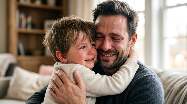 A tender and emotional embrace between a loving father and his tearful young son, sharing a comforting hug at home, showcasing their strong bond and mutual support during a challenging moment