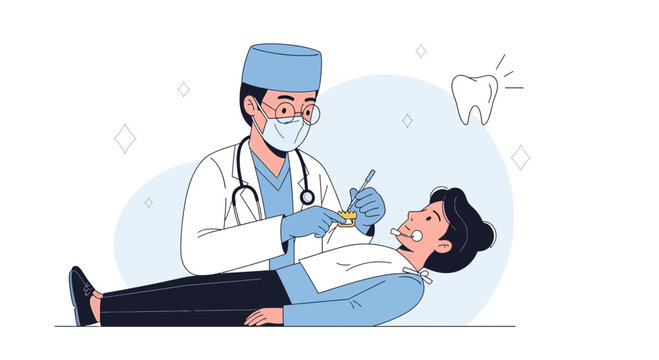 Dentist examining patient's teeth with dental tools; illustration art