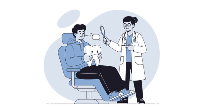 Dentist Examining Patient's Happy Tooth with Mirror - Illustration