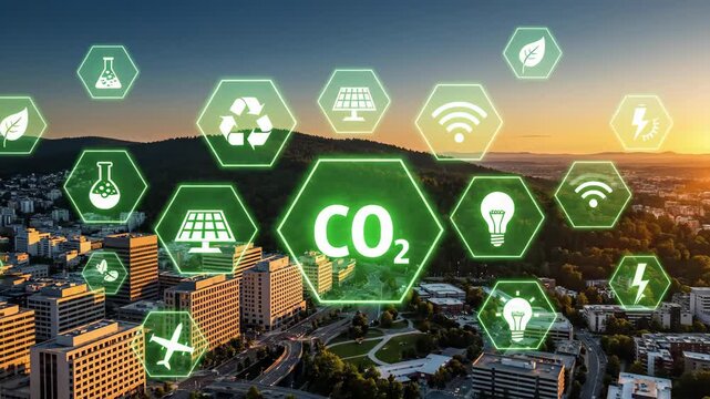 Sustainable city development with green technology and environmental protection icons.