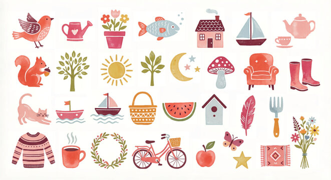 Scandinavian folk art vector set, 28 hand drawn hygge lifestyle icons, cute whimsical nature and home elements for scrapbooking and nursery decor