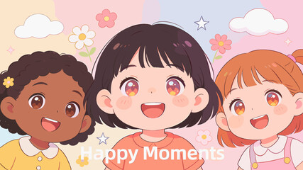Three diverse cartoon children smiling joyfully together, surrounded by pastel clouds, flowers, and stars, embodying happy moments and friendship.