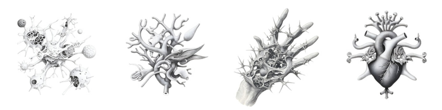 Four abstract graphite drawings on white background depicting surreal forms and shapes, including plant-like structures and an anatomical heart.