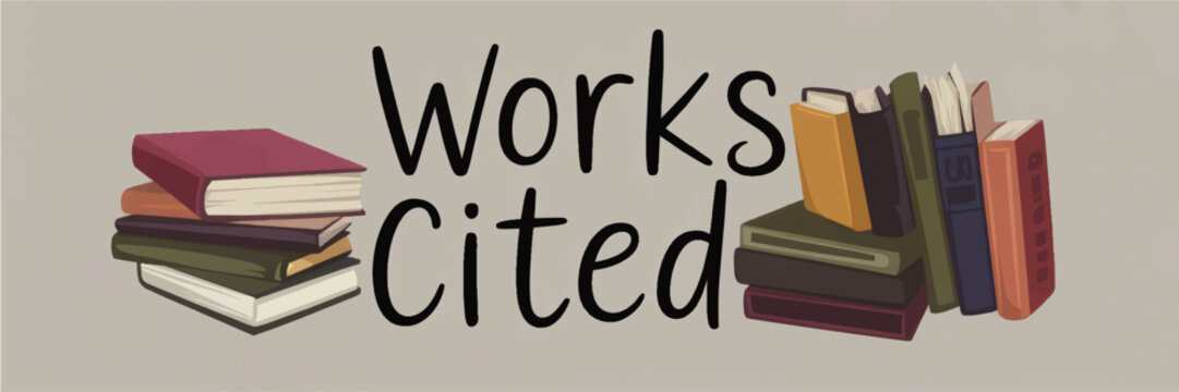 Works Cited page header with stacked colorful books illustration for bibliography or reference list in school projects