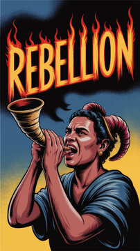 Rebellion protest poster illustration of powerful woman blowing horn with fiery lettering on dramatic black blue yellow background