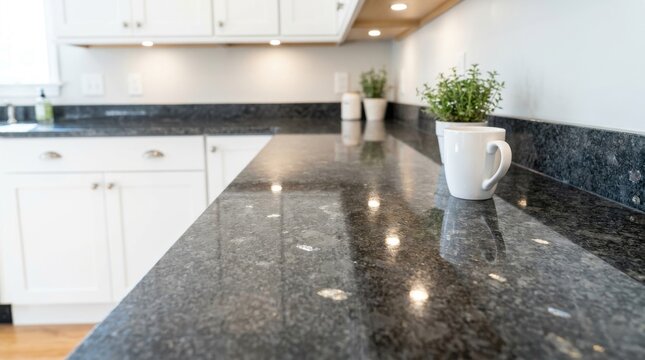 Polished dark granite kitchen countertop with subtle mica flecks offering a smooth durable surface for modern home interiors