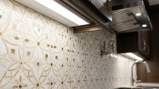 Intricate Marble Mosaic Tile Backsplash Featuring Elegant Floral Patterns in a Modern Kitchen Setting
